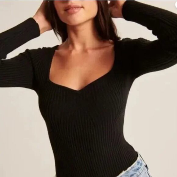 Abercrombie & Fitch | Black Ribbed Sweater Bodysuit - Picture 1 of 6